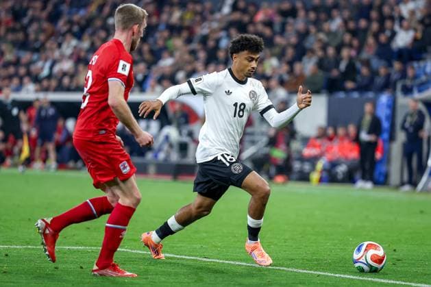 10 10 2025, Football, International match, Germany Luxembourg, UEFA World Cup Qualification, 2025 2026, Group A, PreZero Arena in Sinsheim Nathaniel Brown GER 18 in duel against Christopher Martins LUX 08 DFB regulations prohibit any use of photographs as image sequences and or quasi video Baden Württemberg Germany