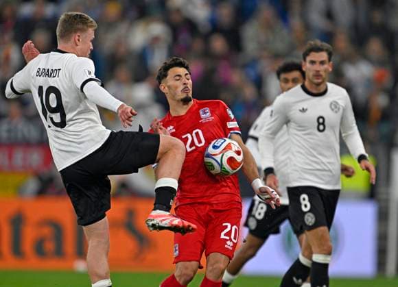 10 10 2025, Football World Cup Qualification Europe 2025 26, Matchday 7, Germany Luxembourg, in the PreZero Arena Sinsheim f l Jonathan Burkardt Germany , Eldin Dzogovic Luxembourg and Leon Goretzka Germany