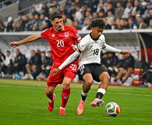 10 10 2025, Football World Cup Qualification Europe 2025 26, Matchday 7, Germany Luxembourg, in the PreZero Arena Sinsheim v l Eldin Dzogovic Luxembourg v Nathaniel Brown Germany