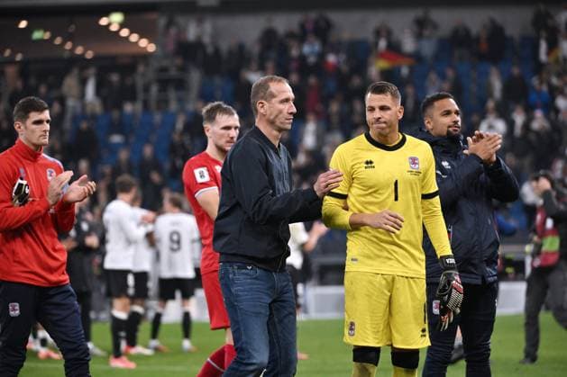 Coach Jeff Strasser Luxembourg after the match with goalkeeper Anthony Moris Luxembourg 10 10 2025, FIFA World Cup Qualification Europe 2025 26, 7 Matchday Germany Luxembourg Sinsheim PreZero Arena North Rhine-Westphalia Germany Team2