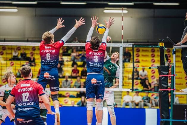 Volleyball mens season 2025 2026 League Cup 2025 SVG Lüneburg vs FT 1844 Freiburg 10 10 2025 Yannick Harms 3 FT 1844 Freiburg against the block Jackson Howe 6 SVG Lüneburg and Jesse Elser 3 SVG Lüneburg