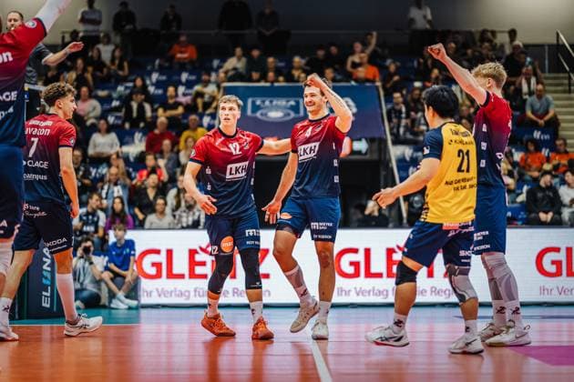 Volleyball mens season 2025 2026 League Cup 2025 SVG Lüneburg vs FT 1844 Freiburg 10 10 2025 The SVG Lüneburg team celebrates