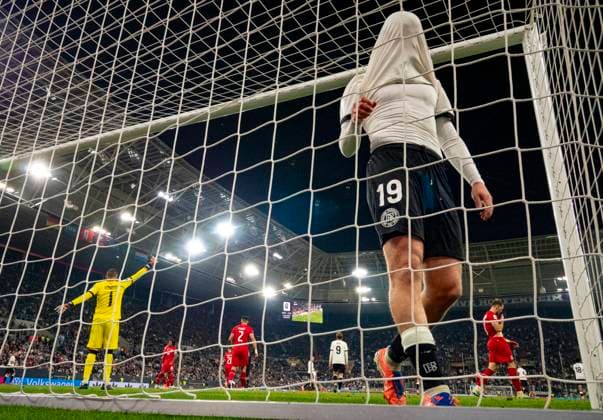 10 10 2025, Soccer World Cup Qualification Europe 2025 26, Matchday 7, Germany Luxembourg, in the PreZero Arena Sinsheim Jonathan Burkardt Germany frustrated with his jersey over his head in goal