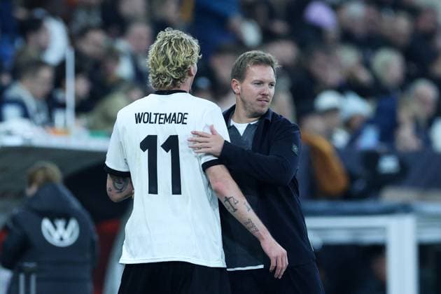 Soccer World Cup Qualification Germany Luxembourg on 10 10 2025 at the PreZero Arena in Sinsheim Nick Woltemade Germany , left Julian Nagelsmann Bundestrainer Head Coach Germany , right DFB regulations prohibit any use of photographs as image sequences and or quasi video xMSx