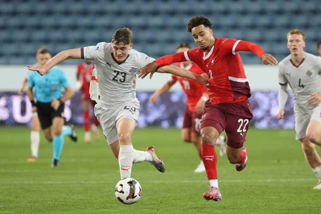 U21 Switzerland Iceland Noel Atli Arnorsson vs Marc Giger 10 10 2025 Swissporarena Lucerne, SWITZERLAND, Season 2025 2026 Men Soccer U21 European Championship Qualification Switzerland Iceland Noel Atli Arnorsson li,Iceland U21 vs Marc Giger Switzerland U21