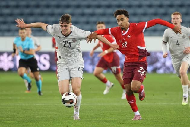U21 Switzerland Iceland Noel Atli Arnorsson vs Marc Giger 10 10 2025 Swissporarena Lucerne, SWITZERLAND, Season 2025 2026 Men Soccer U21 European Championship Qualification Switzerland Iceland Noel Atli Arnorsson li,Iceland U21 vs Marc Giger Switzerland U21