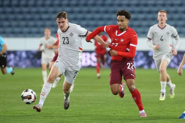 U21 Switzerland Iceland Noel Atli Arnorsson vs Marc Giger 10 10 2025 Swissporarena Lucerne, SWITZERLAND, Season 2025 2026 Men Soccer U21 European Championship Qualification Switzerland Iceland Noel Atli Arnorsson li,Iceland U21 vs Marc Giger Switzerland U21