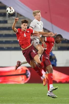 U21 Switzerland Iceland Hilmir Mikaelsson vs Dion Kacuri and Roggerio Nyakossi 10 10 2025 Swissporarena Lucerne, SWITZERLAND, Season 2025 2026 Mens Soccer U21 European Championship Qualification Switzerland Iceland Hilmir Mikaelsson center,Iceland U21 vs Dion Kacuri left and Roggerio Nyakossi Switzerland U21