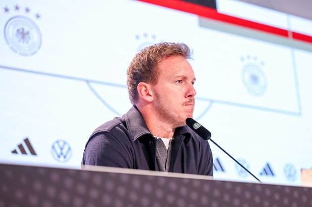 10 10 2025, Football, International match, Germany Luxembourg, UEFA World Cup Qualification, 2025 2026, Group A, PreZero Arena in Sinsheim National coach Julian Nagelsmann GER hc at the press conference after the match DFB regulations prohibit any use of photographs as image sequences and or quasi video Baden Württemberg Germany