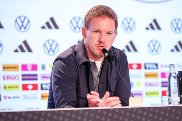 10 10 2025, Football, International match, Germany Luxembourg, UEFA World Cup Qualification, 2025 2026, Group A, PreZero Arena in Sinsheim National coach Julian Nagelsmann GER hc at the press conference after the match DFB regulations prohibit any use of photographs as image sequences and or quasi video Baden Württemberg Germany