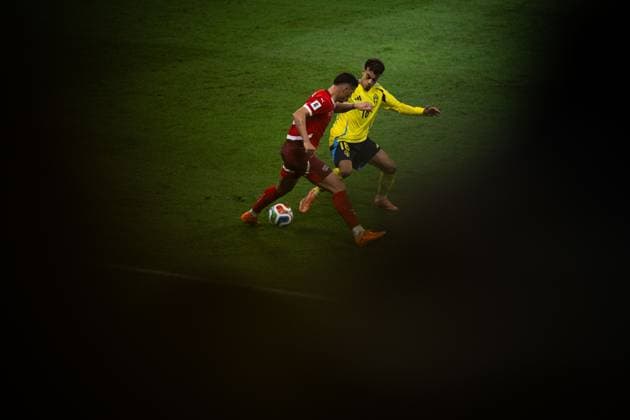 251010 Granit Xhaka of Switzerland and Yasin Ayari of Sweden during the FIFA World Cup Qualifier football match between Sweden and Switzerland on October 10, 2025 in Stockholm Photo Johanna Säll BILDBYRAN code JL JM0740 bbeng, fotboll, football, soccer, fotball, vm kval, kval, fifa w  Copyright: JOHANNAxSÄLL BB251010ZG018