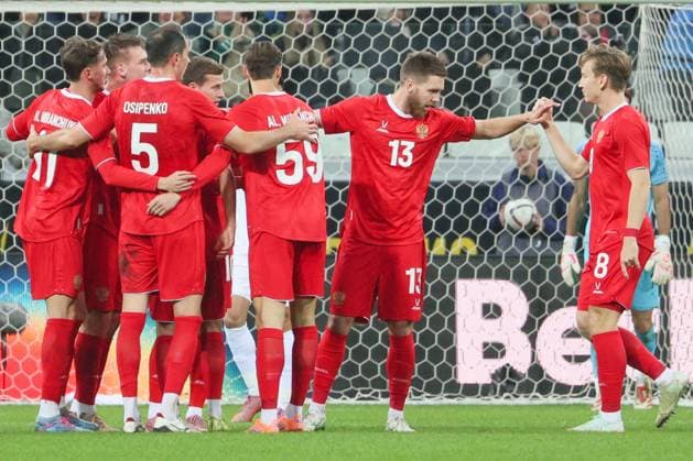 RUSSIA, VOLGOGRAD - OCTOBER 10, 2025: Russia s players celebrate a goal in a friendly football match between the Russian and the Iranian men s national football teams at Volgograd Arena. Dmitry Rogulin TASS  84736881