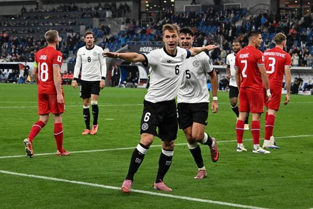 10 10 2025, xsltx, Football World Cup Qualification 2026, Germany Luxembourg v l Goal celebration after the goal to celebrate the goal celebrate 4 0 by Joshua Kimmich German National Football Team DFB DFL DFB REGULATIONS PROHIBIT ANY USE OF PHOTOGRAPHS as IMAGE SEQUENCES and or QUASI VIDEO Sinsheim