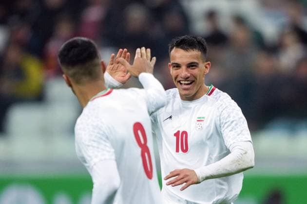 Russia Soccer Friendly Russia - Iran 9023670 10.10.2025 Iran s Amirhossein Hosseinzadeh celebrates with teammate Mohammad Mohebi after scoring his team s first goal during the friendly soccer match between Russia and Iran, in Volgograd, Russia. Alexander Vilf Sputnik Volgograd Russia  Copyright: xAlexanderxVilfx