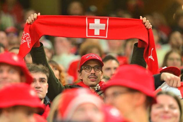 Strawberry Arena, Solna, Sweden, Oct 10th 2025: Switzerland supporters during the FIFA World Cup, WM, Weltmeisterschaft, Fussball Qualifiers game on October 10th 2025 between Sweden and Switzerland at Strawberry Arena in Solna, Sweden (Peter Sonander SPP) Copyright: xPeterxSonander SPPx spp-en-PeSo-PSon-20251010-223630_PS_0432