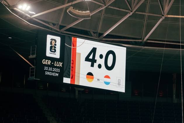 Sinsheim, Germany, October 10th 2025 Scoreboard with final result 4:0 for Germany during the UEFA European Qualifiers match between Germany vs. Luxemburg at PreZero Arena, in Sinsheim, Germany. (Gabor Baumgarten SPP) Copyright: xGaborxBaumgartenx xSPPx spp-en-GaBaSp-10_10_Germany_Luxemburg_European Qualifiers_Gabor_Baumgarten-09426