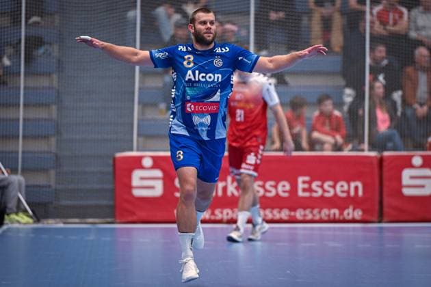 Germany, Handball, 2 Bundesliga, Matchday 7, 2025 2026, TuSEM Essen vs TV Großwallstadt, 10 10 2025, Sporthalle Am Hallo, Essen, Germany, Florian Eisenträger TV Großwallstadt, 8 celebrates his goal Copyright: xMarkusxVerwimpx