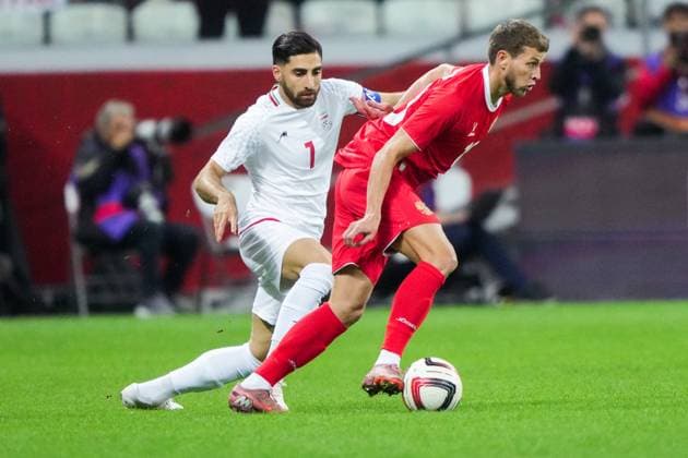 Russia Soccer Friendly Russia - Iran 9023856 10.10.2025 Iran s Alireza Jahanbakhsh and Russia s Lechi Sadulaev struggle for the ball in the air during the friendly soccer match between Russia and Iran, in Volgograd, Russia. Alexander Vilf Sputnik Volgograd Russia  Copyright: xAlexanderxVilfx