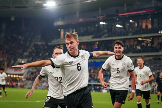 Soccer FIFA World Cup Qualification Europe 2025 26, 7 Matchday Germany vs. Luxembourg PreZero Arena Sinsheim Goal and goal celebration to 4 0 by Joshua Kimmich Germany, 6 Joy, emotions, jubilation with David Raum Germany, 22 and Aleksandar Pavlovic Germany, 5 Flyer Helicopter gesture Sinsheim Baden Württemberg Germany Copyright: xJOERANxSTEINSIEKx