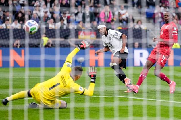 from left Anthony Moris goalkeeper, Luxembourg, 1 , scorer Serge Gnabry Germany, 20 , Christopher Martins Luxembourg, 8 , scores the goal for 3 0, goal, goal success, highlight, action, action scene, 10 10 2025, Sinsheim Germany , football, World Cup qualification, Germany Luxembourg, THE EVENT REGULATIONS PROHIBIT ANY USE OF PHOTOGRAPHS AS IMAGE SEQUENCES AND OR QUASI VIDEOS xozx