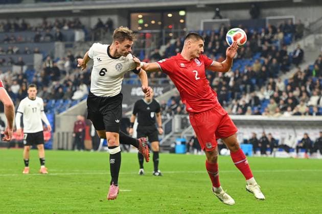 Goal chance Joshua KIMMICH GER ,Header,Action,Tackle Seid Korac LUX ,Penalty area scene Soccer international, World Cup Qualification Group A match day 07 Germany GER Luxembourg LU 4 0 on 10 10 2025, PreZero Arena Sinsheim
