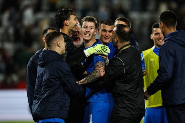 Dimitris Rallis Greece,11 cheers after the end of the match European Championship qualification U 21 Group F international match Germany vs Greece in the ad hoc Arena in the Ernst Abbe Sportfeld in Jena action,soccer,man,men,Germany,10 10 2025