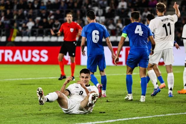 Nicolo Tresoldi Germany,9 European Championship qualification U 21 Group F international match Germany vs. Greece in the ad hoc Arena at the Ernst Abbe Sportfeld in Jena Action,soccer,man,men,Germany,10 10 2025