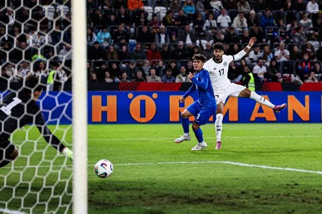 Goalscorer Muhammed Damar Germany,17 scores for 1 2 European Championship qualification U 21 Group F international match Germany vs Greece in the ad hoc Arena at the Ernst Abbe Sportfeld in Jena action,soccer,man,men,Germany,10 10 2025