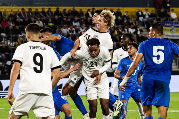 Goalscorer Tom Alexander Rothe Germany,13 scores for 2 2 European Championship qualification U 21 Group F international match Germany vs Greece in the ad hoc Arena at the Ernst Abbe Sportfeld in Jena action,soccer,man,men,Germany,10 10 2025