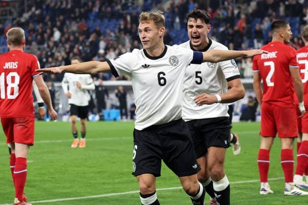 (251011) -- SINSHEIM, Oct. 11, 2025 -- Joshua Kimmich (2nd L) and Aleksandar Pavlovic (3rd L) of Germany celebrate scoring during the 2026 World Cup European Qualifiers football match between Germany and Luxembourg in Sinsheim, Germany, Oct. 10, 2025. (Photo by Xinhua) (SP)GERMANY-SINSHEIM-FOOTBALL FIFA World Cup, WM, Weltmeisterschaft, Fussball QUALIFIERS-GERMANY VS LUXEMBOURG UlrichxHufnagel 