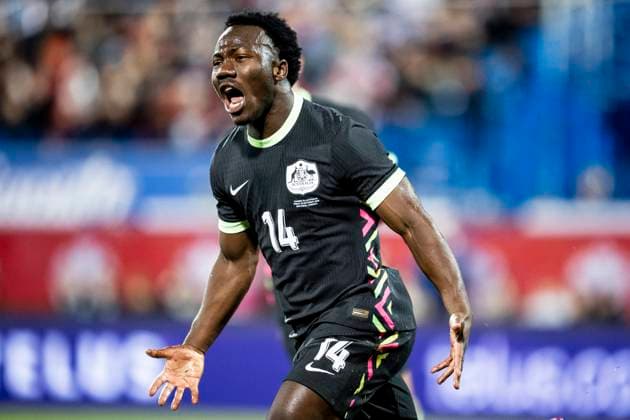 October 10, 2025, Montreal, Pq, CANADA: Australia s Nestory Irankunda (14) celebrates after scoring during second half International Friendly, Länderspiel, Nationalmannschaft soccer action against Canada, in Montreal, on Friday, October 10, 2025. Canada News - October 10, 2025 - ZUMAc35_ 20251010_zaf_c35_089 Copyright: xChristopherxKatsarovx