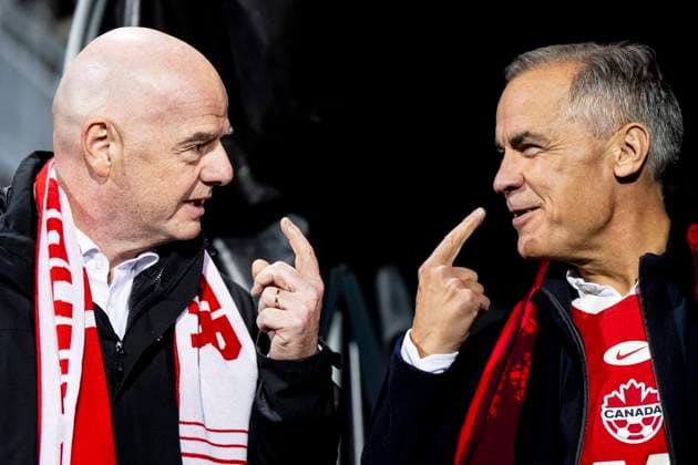 October 10, 2025, Montreal, Pq, CANADA: FIFA President Gianni Infantino (left) and Prime Minister Mark Carney watch second half International Friendly, Länderspiel, Nationalmannschaft soccer action between Canada and Australia, in Montreal, on Friday, October 10, 2025. Canada News - October 10, 2025 - ZUMAc35_ 20251010_zaf_c35_126 Copyright: xChristopherxKatsarovx
