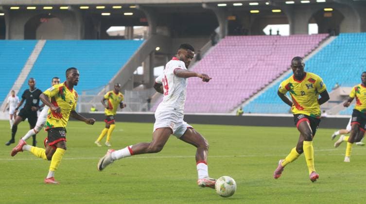 Firas Chaouat (19) in action, opening the scoring for Tunisia during the World Cup qualifier match Tunisia vs. Sao Tome and Principe at the Rades Stadium in Tunis. Tunisia won 6-0. Photo: Chokri Mahjoub. 2026 World Cup Qualifiers: Tunisia vs. Sao Tome and Principe