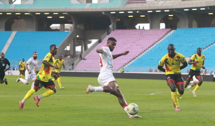 Firas Chaouat (19) in action, opening the scoring for Tunisia during the World Cup qualifier match Tunisia vs. Sao Tome and Principe at the Rades Stadium in Tunis. Tunisia won 6-0. Photo: Chokri Mahjoub. 2026 World Cup Qualifiers: Tunisia vs. Sao Tome and Principe