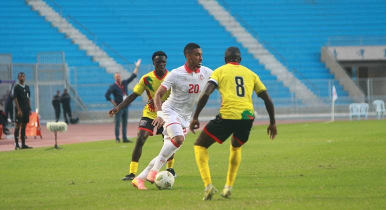 Yan Valery (20) in action duringt the World Cup Qualifier match between Tunisia and Sao Tome and Principe at the Rades Stadium in Tunis. Tunisia won 6-0. Photo: Chokri Mahjoub. 2026 World Cup Qualifiers: Tunisia vs. Sao Tome and Principe