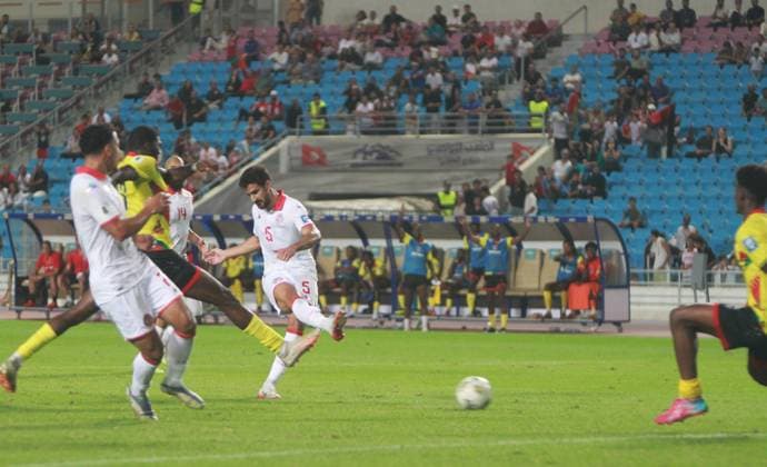 Mohamed Ali Ben Romdhane (5) in action, scoring Tunisia s sixth goal during the World Cup Qualifier match between Tunisia and Sao Tome and Principe at the Rades Stadium in Tunis. Tunisia won 6-0. Photo: Chokri Mahjoub. 2026 World Cup Qualifiers: Tunisia vs. Sao Tome and Principe