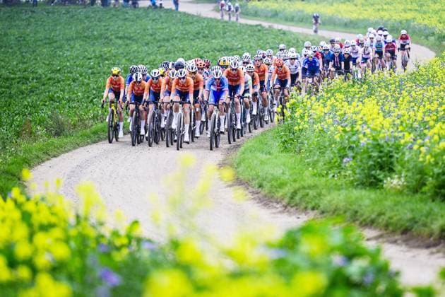 a pack of riders pictured in action during the women elite race at the UCI World Gravel Championships, Saturday 11 October 2025, in Maastricht, The Netherlands. DIRKxWAEM  x136521471x