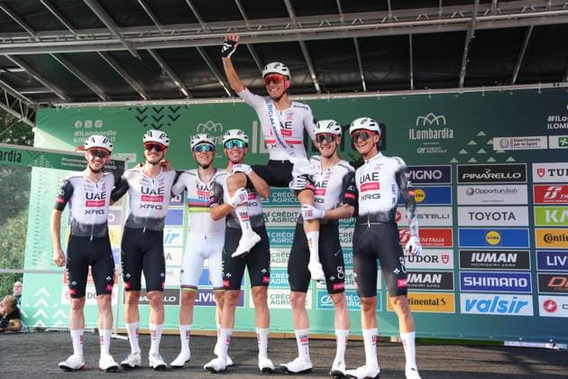 UAE TEAM EMIRATES XRG celebrates UAE TEAM EMIRATES XRG celebrates MAJKA Rafal during the 119th edition of the Il Lombardia, Tour of Lombardy cycling race, a 241 km one day race from Como to Bergamo on October 11, 2025, Italy.  Copyright: xGianxMattiaxD Alberto LaPressex