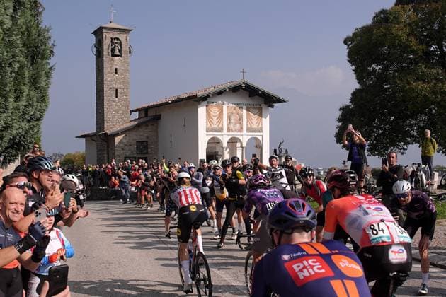 The pack rides cycles in front of Madonna del Ghisallo during the 119th edition of the Il Lombardia, Tour of Lombardy cycling race, a 241 km one day race from Como to Bergamo on October 11, 2025, Italy.  Copyright: xMarcoxAlpozzi LaPressex