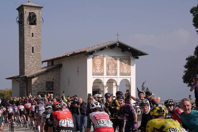 The pack rides cycles in front of Madonna del Ghisallo during the 119th edition of the Il Lombardia, Tour of Lombardy cycling race, a 241 km one day race from Como to Bergamo on October 11, 2025, Italy.  Copyright: xMarcoxAlpozzi LaPressex