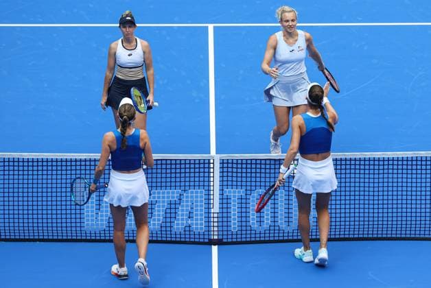 WUHAN, CHINA - OCTOBER 11: Storm Hunter of Australia and Katerina Siniakova of the Czech Republic react in the Women s Doubles Semifinal match against Olivia Nicholls of Great Britain and Tereza Mihalikova of Slovakia on day 8 of 2025 Wuhan Open at Optics Valley International Tennis Center on October 11, 2025 in Wuhan, Hubei Province of China.  Copyright: xVCGx 111596553929