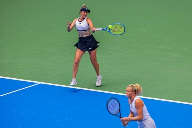WUHAN, CHINA - OCTOBER 11: Storm Hunter of Australia and Katerina Siniakova of the Czech Republic return a shot in the Women s Doubles Semifinal match against Olivia Nicholls of Great Britain and Tereza Mihalikova of Slovakia on day 8 of 2025 Wuhan Open at Optics Valley International Tennis Center on October 11, 2025 in Wuhan, Hubei Province of China.  Copyright: xVCGx 111596553990