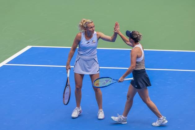 WUHAN, CHINA - OCTOBER 11: Storm Hunter of Australia and Katerina Siniakova of the Czech Republic react in the Women s Doubles Semifinal match against Olivia Nicholls of Great Britain and Tereza Mihalikova of Slovakia on day 8 of 2025 Wuhan Open at Optics Valley International Tennis Center on October 11, 2025 in Wuhan, Hubei Province of China.  Copyright: xVCGx 111596554018