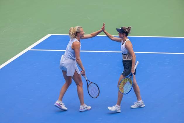 WUHAN, CHINA - OCTOBER 11: Storm Hunter of Australia and Katerina Siniakova of the Czech Republic react in the Women s Doubles Semifinal match against Olivia Nicholls of Great Britain and Tereza Mihalikova of Slovakia on day 8 of 2025 Wuhan Open at Optics Valley International Tennis Center on October 11, 2025 in Wuhan, Hubei Province of China.  Copyright: xVCGx 111596554020