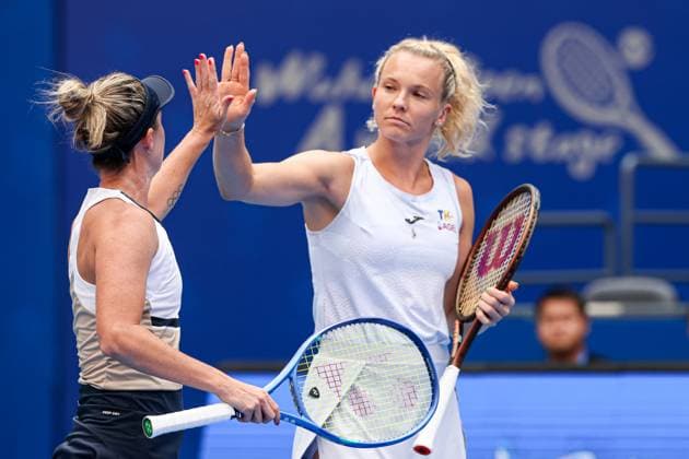 WUHAN, CHINA - OCTOBER 11: Storm Hunter of Australia and Katerina Siniakova of the Czech Republic react in the Women s Doubles Semifinal match against Olivia Nicholls of Great Britain and Tereza Mihalikova of Slovakia on day 8 of 2025 Wuhan Open at Optics Valley International Tennis Center on October 11, 2025 in Wuhan, Hubei Province of China.  Copyright: xVCGx 111596553876
