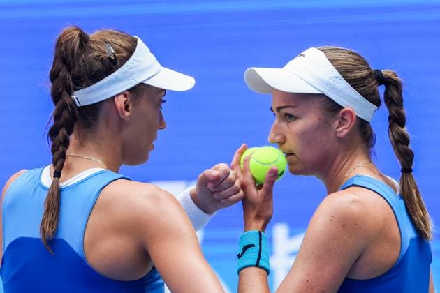 WUHAN, CHINA - OCTOBER 11: Olivia Nicholls of Great Britain and Tereza Mihalikova of Slovakia react in the Women s Doubles Semifinal match against Storm Hunter of Australia and Katerina Siniakova of the Czech Republic on day 8 of 2025 Wuhan Open at Optics Valley International Tennis Center on October 11, 2025 in Wuhan, Hubei Province of China.  Copyright: xVCGx 111596553821