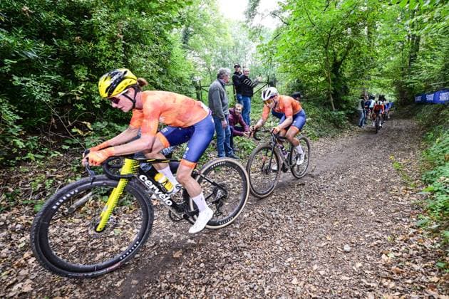 Dutch Marianne Vos and Dutch Lorena Wiebes pictured in action during the women elite race at the UCI World Gravel Championships, Saturday 11 October 2025, in Maastricht, The Netherlands. DIRKxWAEM  x136526986x
