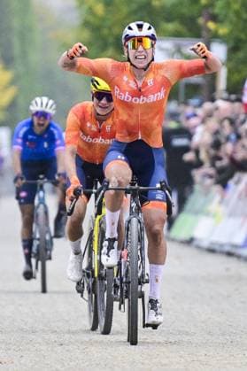 Dutch Lorena Wiebes celebrates as she crosses the finish line to win the women elite race at the UCI World Gravel Championships, Saturday 11 October 2025, in Maastricht, The Netherlands. DIRKxWAEM  x136529105x