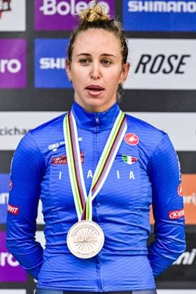 Italian Silvia Persico pictured on the podium after the women elite race at the UCI World Gravel Championships, Saturday 11 October 2025, in Maastricht, The Netherlands. DIRKxWAEM  x136529764x
