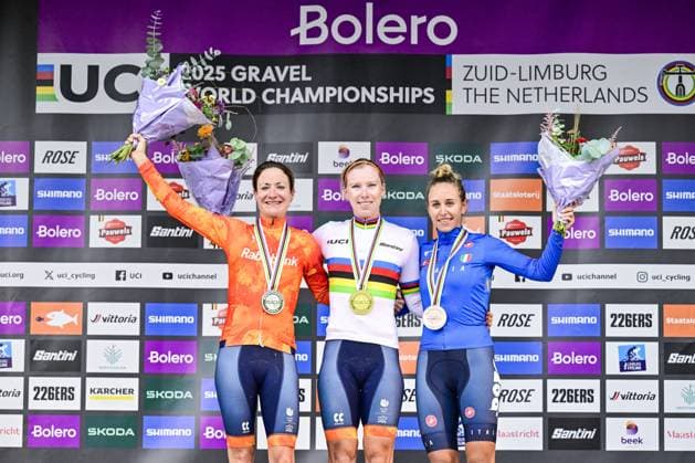 Dutch Marianne Vos, Dutch Lorena Wiebes and Italian Silvia Persico pictured on the podium after the women elite race at the UCI World Gravel Championships, Saturday 11 October 2025, in Maastricht, The Netherlands. DIRKxWAEM  x136530137x